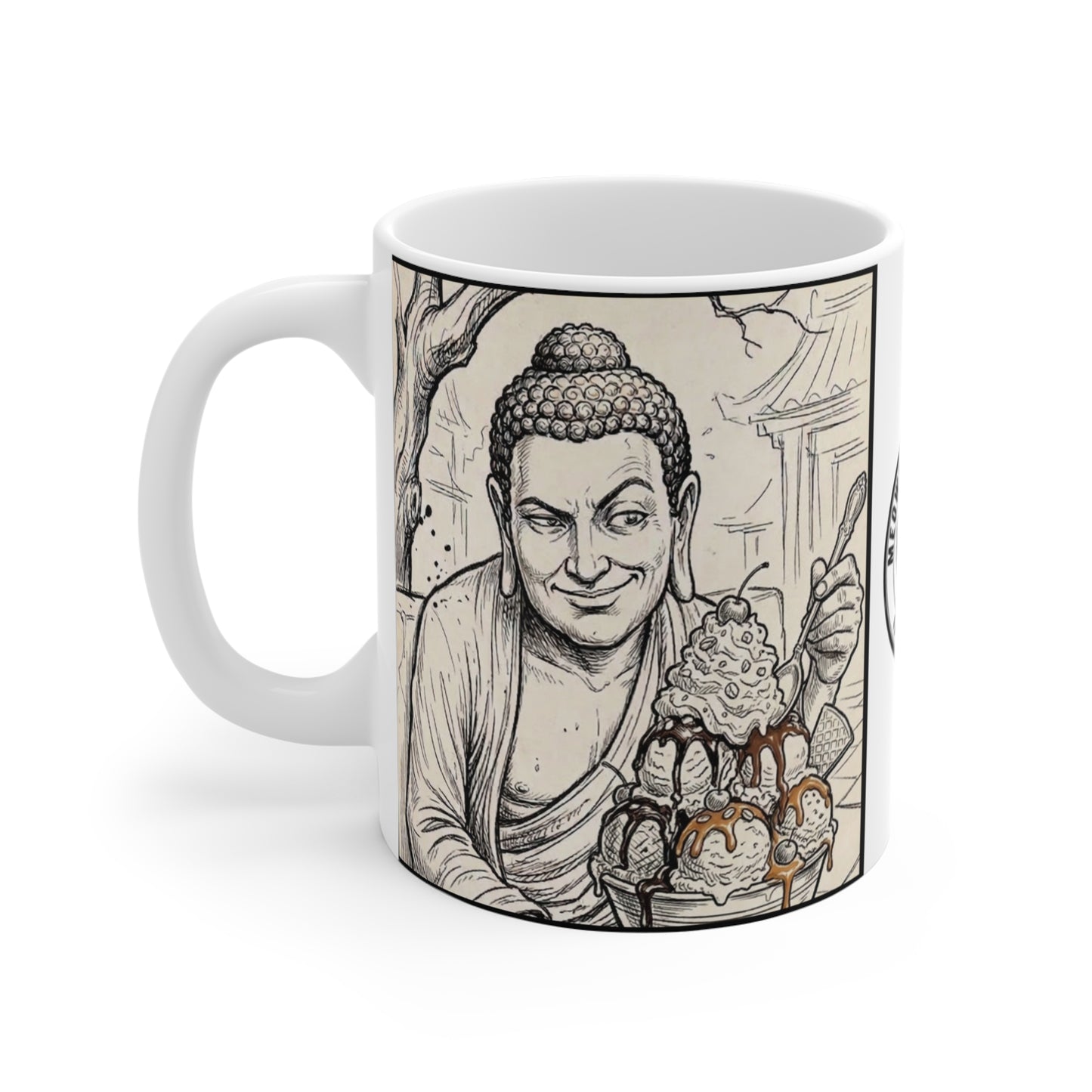 BadBuddha - Sundae - 11oz Mug Ambi Handle — Whimsical Buddha with Ice Cream Religious Humor 11oz