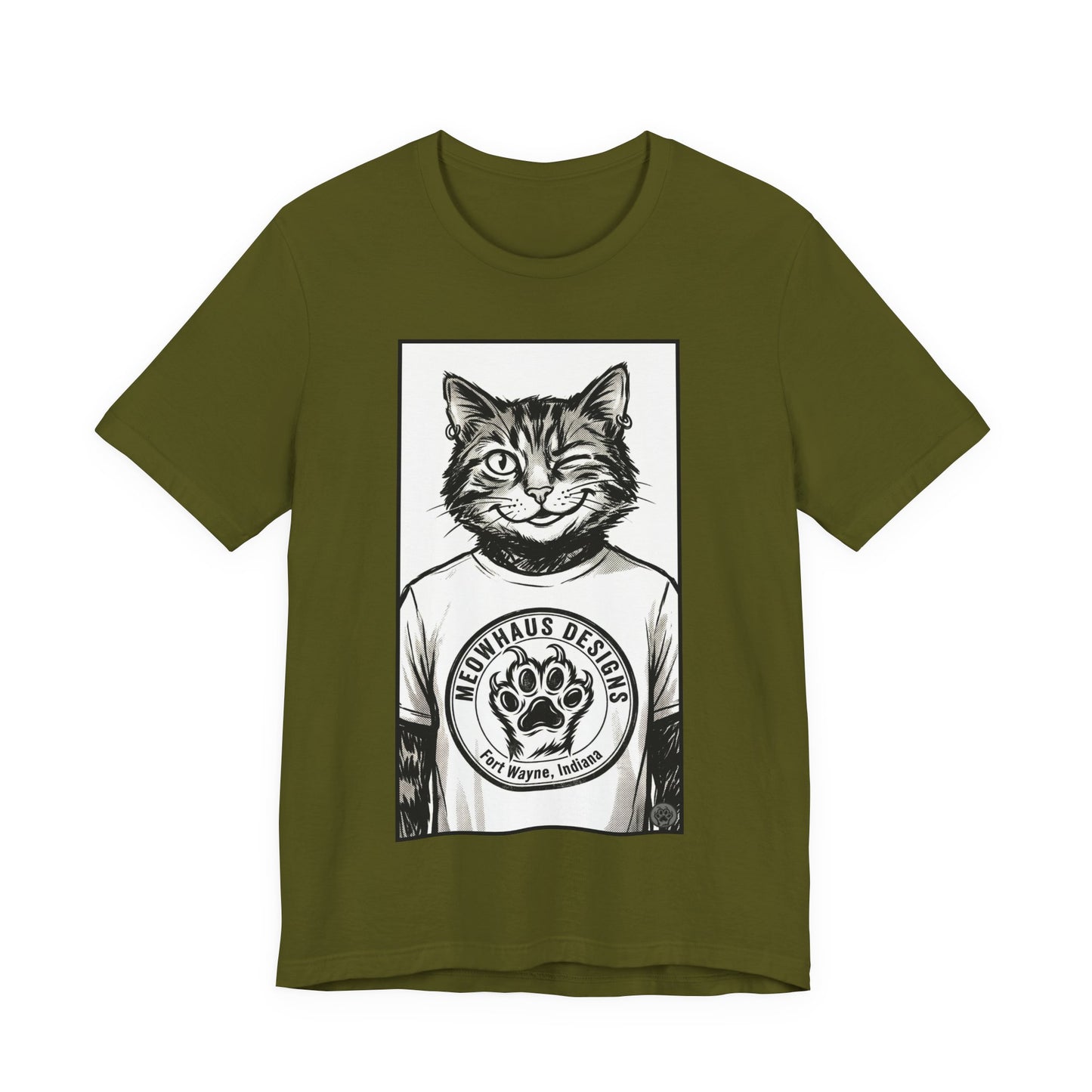 WinkyCat - Wearing the MHD Logo T-Shirt - Cat Portrait T‑Shirt — Retro Graphic Cat Wearing Logo Tee
