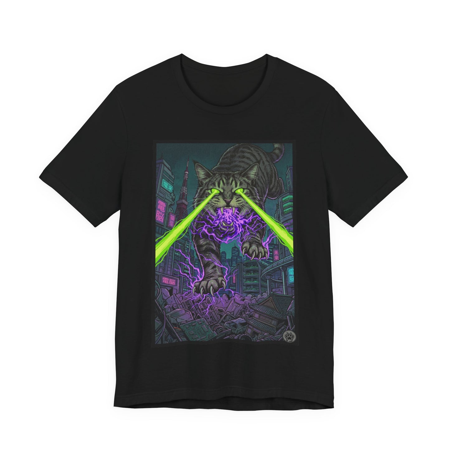 City Cat Attacks! - Multicolored Magic T‑Shirt — Neon Sci‑Fi Alley Graphic Tee