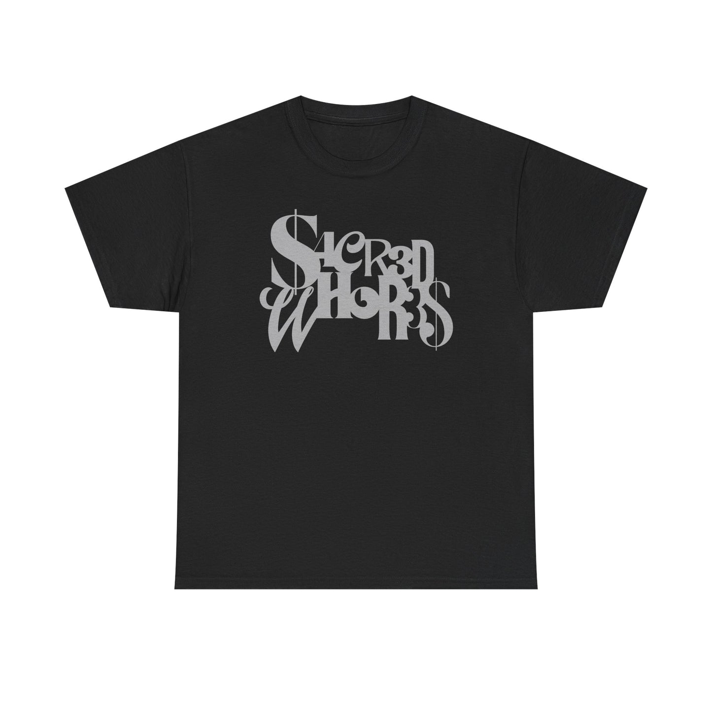 Sacred Whores - Mixed Fonts Graphic Tee — Gothic Script Black T-Shirt