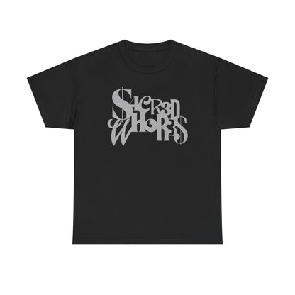 Sacred Whores - Mixed Fonts Graphic Tee — Gothic Script Black T-Shirt