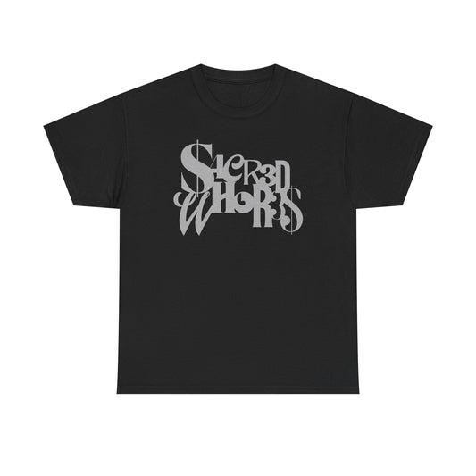 Sacred Whores - Mixed Fonts Graphic Tee — Gothic Script Black T-Shirt