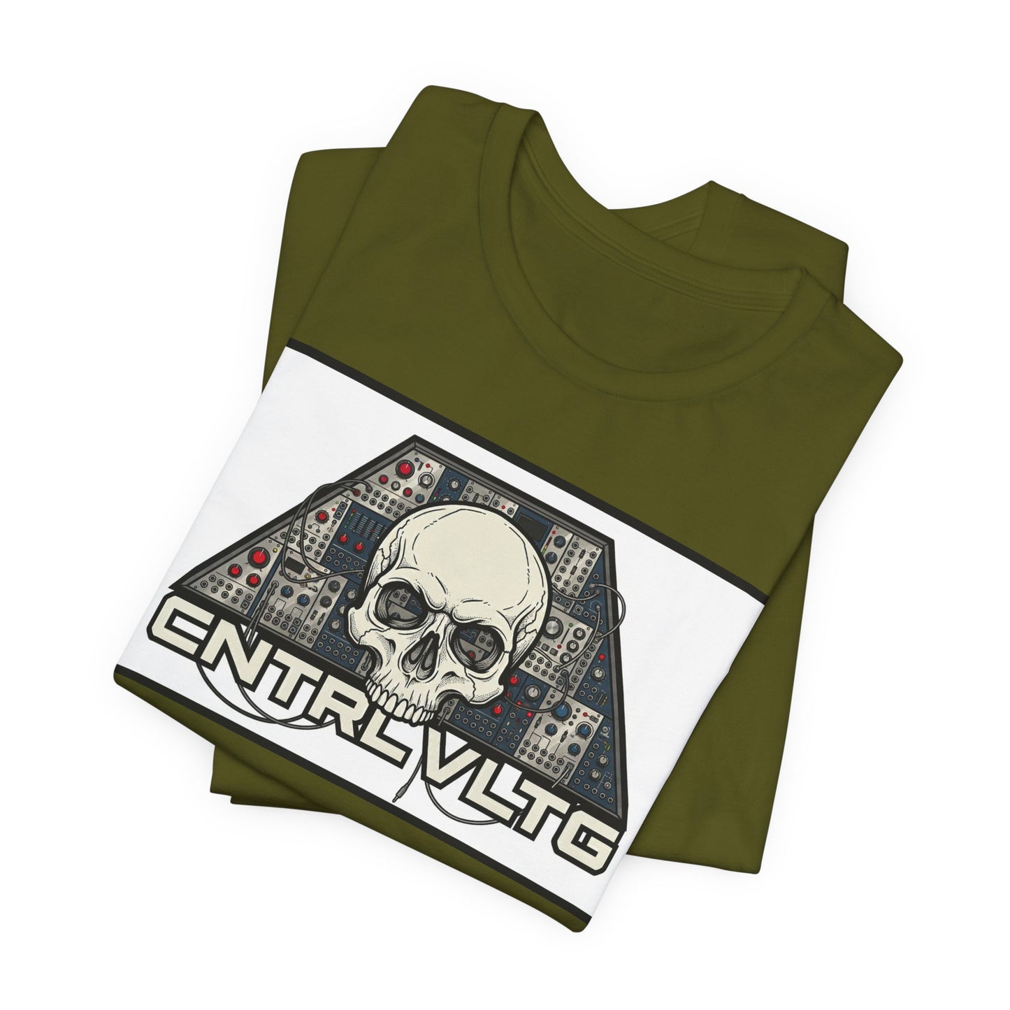 CV Control Voltage = TriBase White - Modular Synth Skull Analog Circuit Tee — “CNTRL VLTG” Retro Tech Graphic T-Shirt