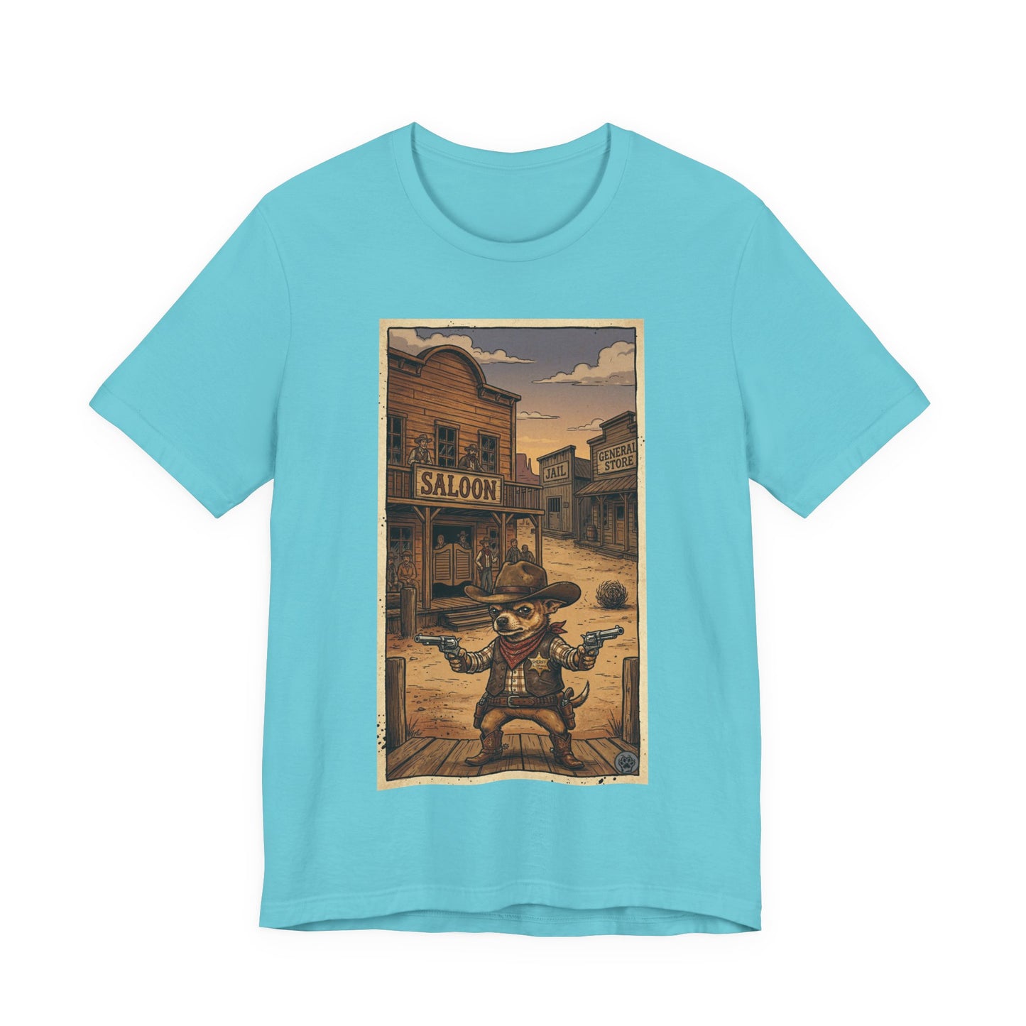 SheriffPaco - Vertical - Chihuahua Sheriff Western Saloon Showdown T-Shirt — Vintage Cowboy Sheriff Puppy Dog Graphic Tee