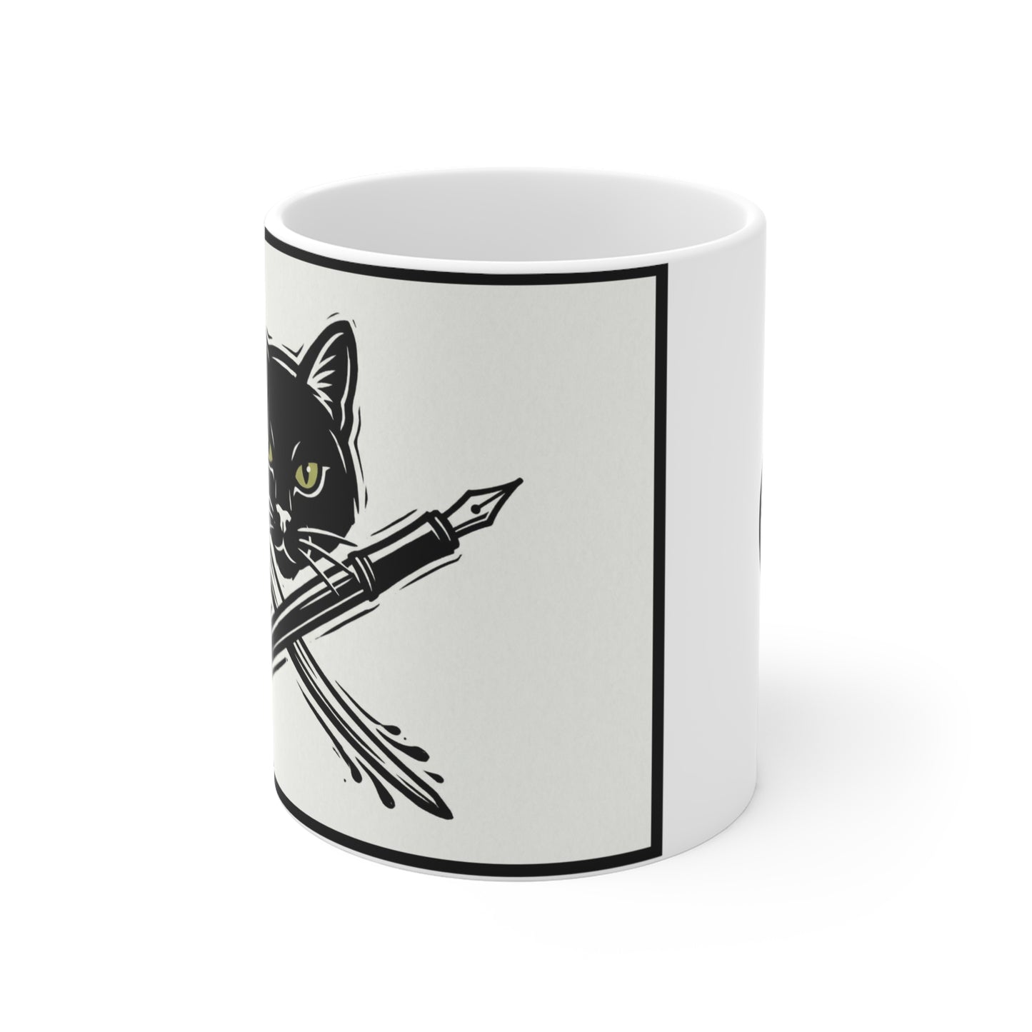 CreativeCat - 11oz Mug Left Handle - Artist Cat Mug — Black Cat with Crossed Paintbrush & Pen 11oz
