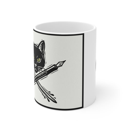 CreativeCat - 11oz Mug Left Handle - Artist Cat Mug — Black Cat with Crossed Paintbrush & Pen 11oz