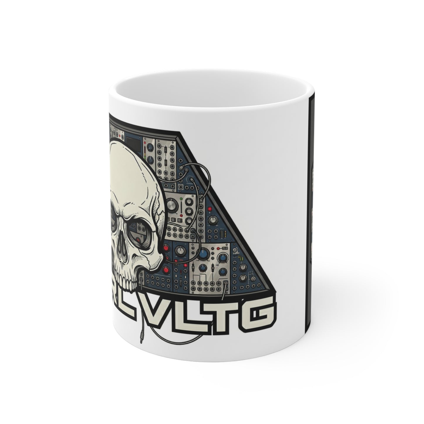 CV Control Coltage TriBase White/Grey - 11oz Mug Ambi Handle — Skull & Modular Analog Synthesizer 'CNTRLVLTG' Electronic Music Coffee Mug