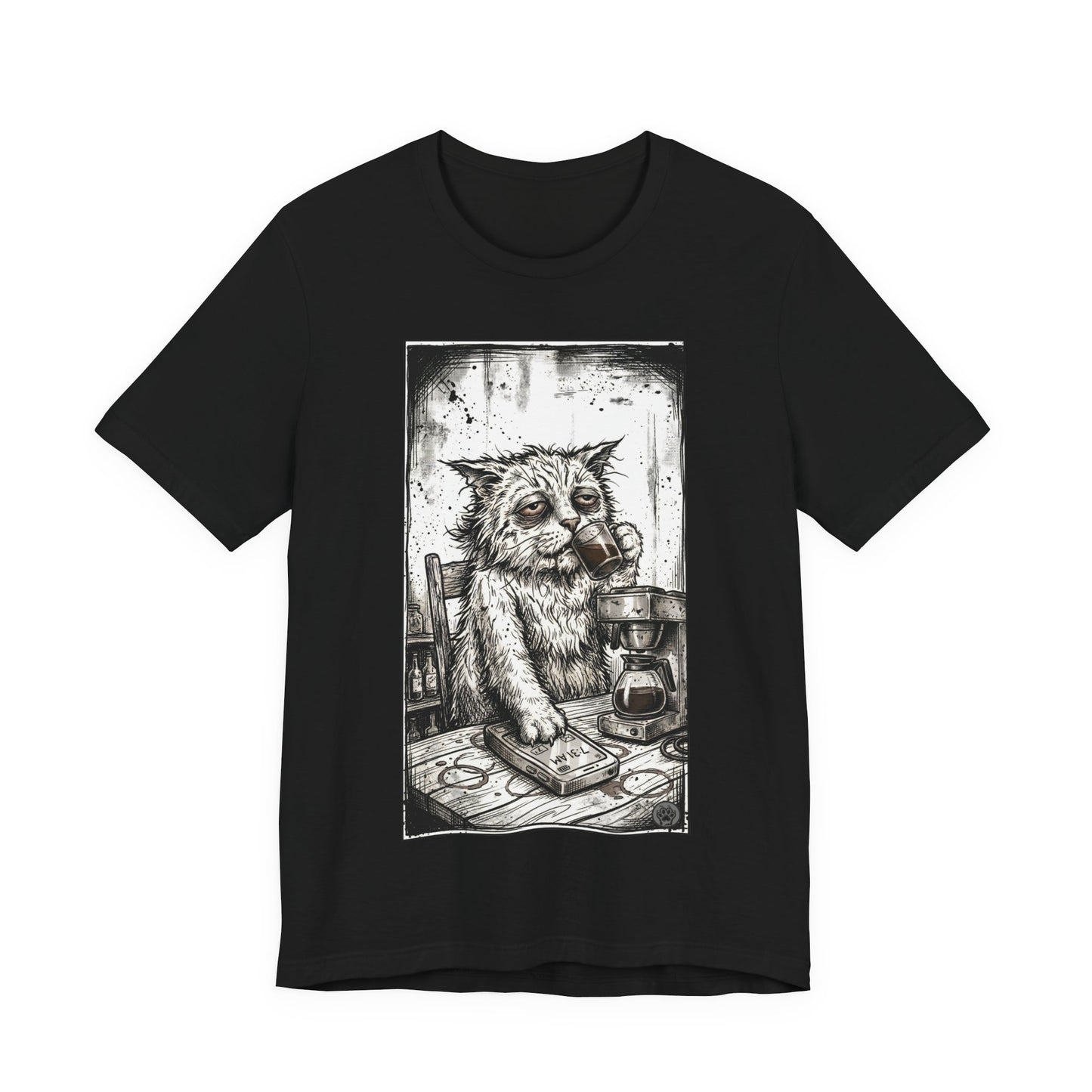 Scraps "GFM" - Cat Drinking Coffee T-Shirt — Tired Depressed Cat Graphic Tee