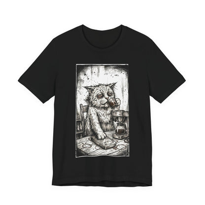Scraps "GFM" - Cat Drinking Coffee T-Shirt — Tired Depressed Cat Graphic Tee