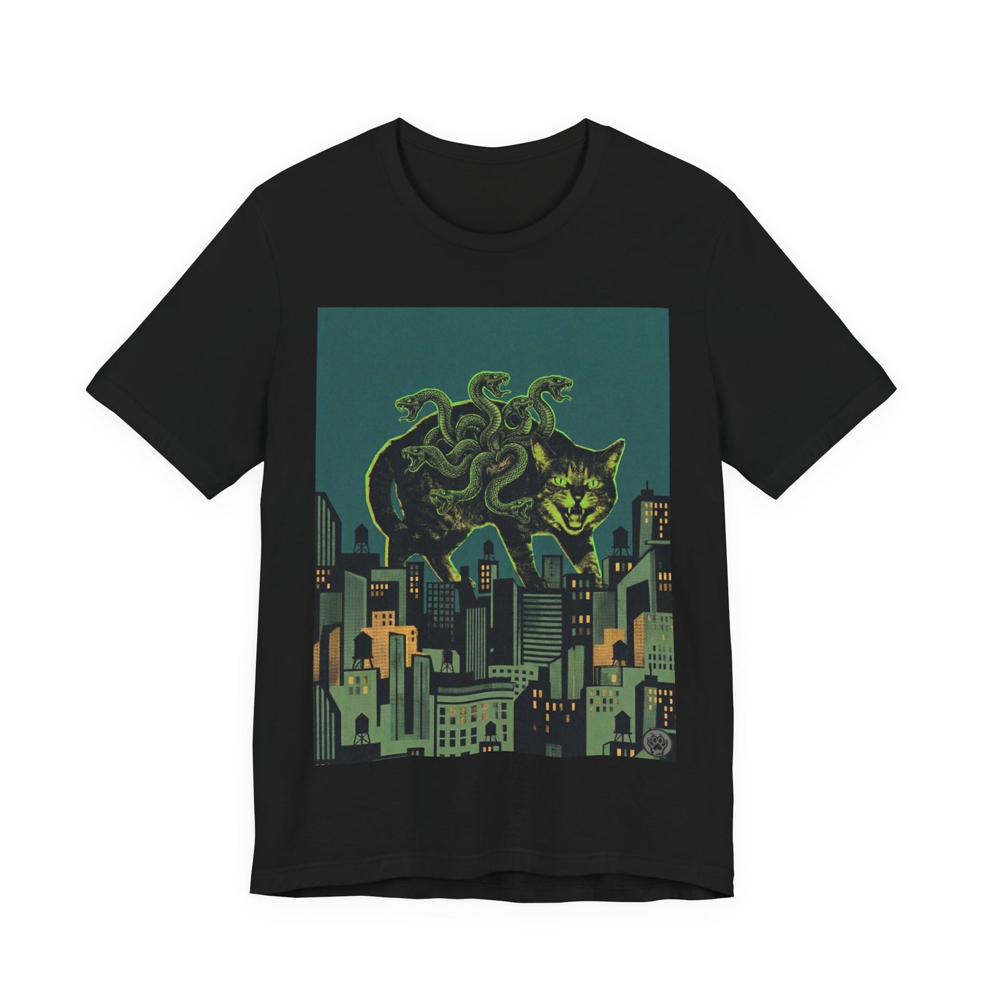 City Cat Attacks - "Inner Demons" Green Version - Poster Collage City Night Kaiju Cat T-Shirt — Neon Monster Cat Over Skyline