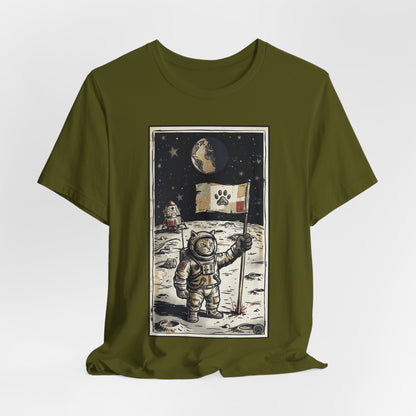SpaceCat - Conquers The Moon! - Astronaut Cat Moon T-Shirt — Vintage Styled Space Kitty Flag Tee