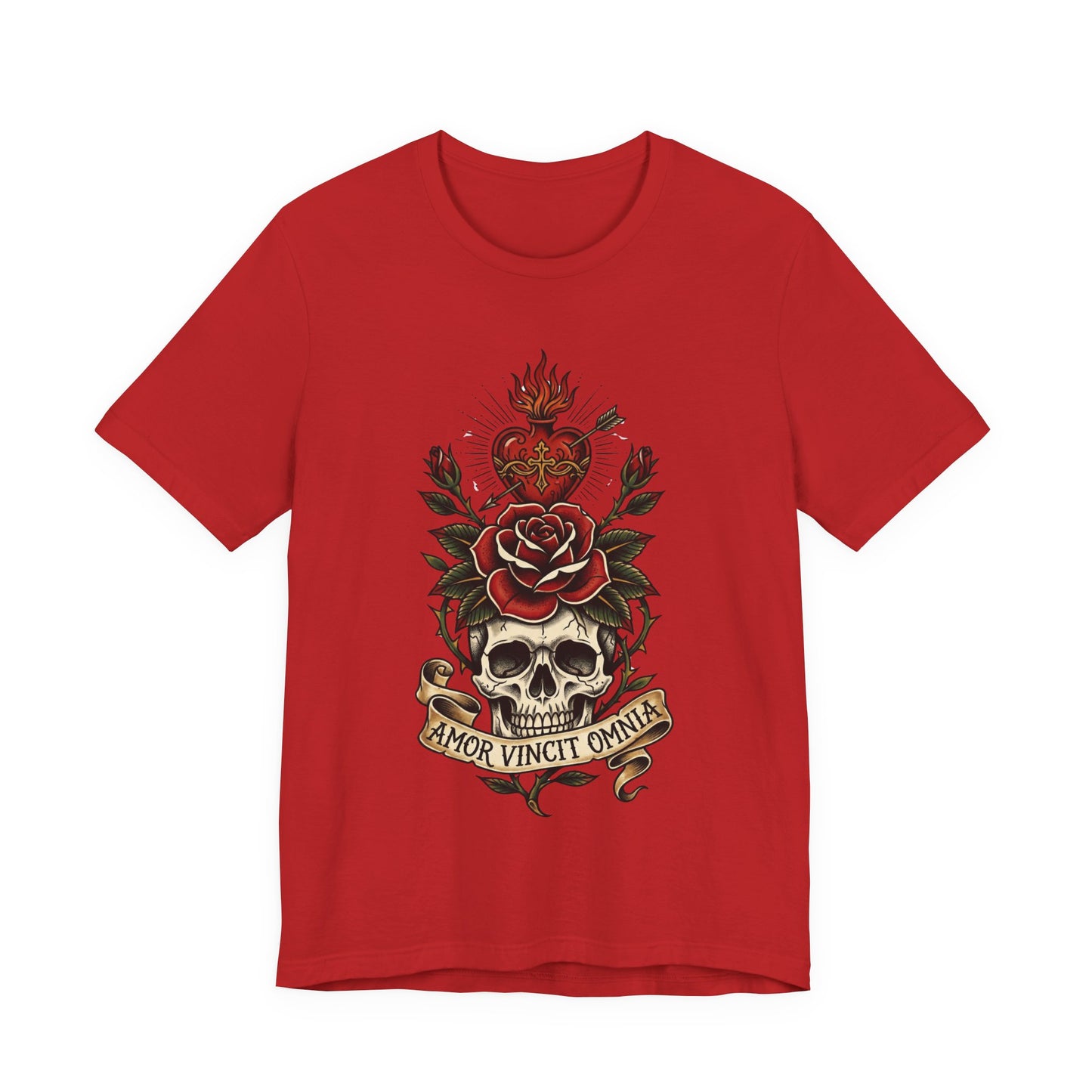 AVO - Tattoo T-Shirt — 'Amor Vincit Omnia' Skull & Rose Sacred Heart Tee