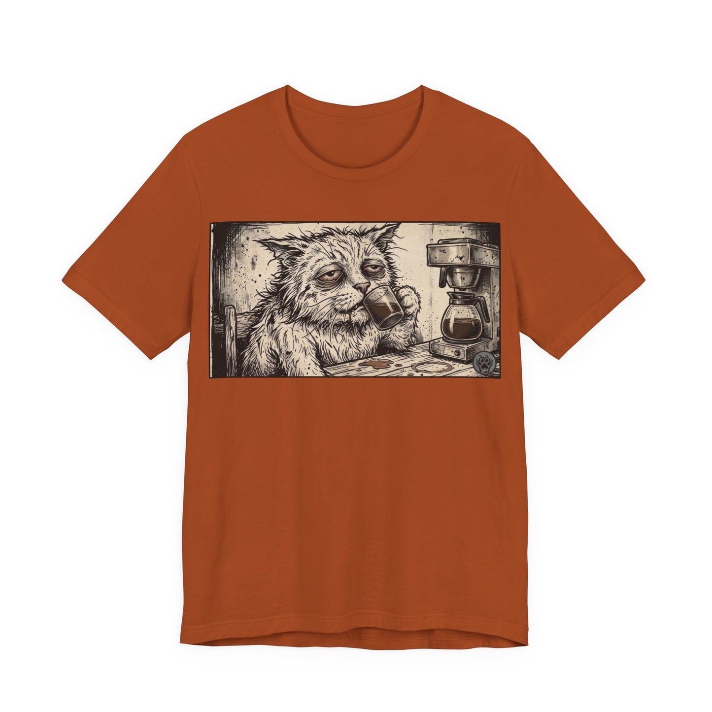 Scraps "GFM" Horizontal - Cat Drinking Coffee T‑Shirt — Vintage Sketch Tired Depressed Cat Drinking Coffee Graphic Tee
