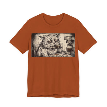 Scraps "GFM" Horizontal - Cat Drinking Coffee T‑Shirt — Vintage Sketch Tired Depressed Cat Drinking Coffee Graphic Tee