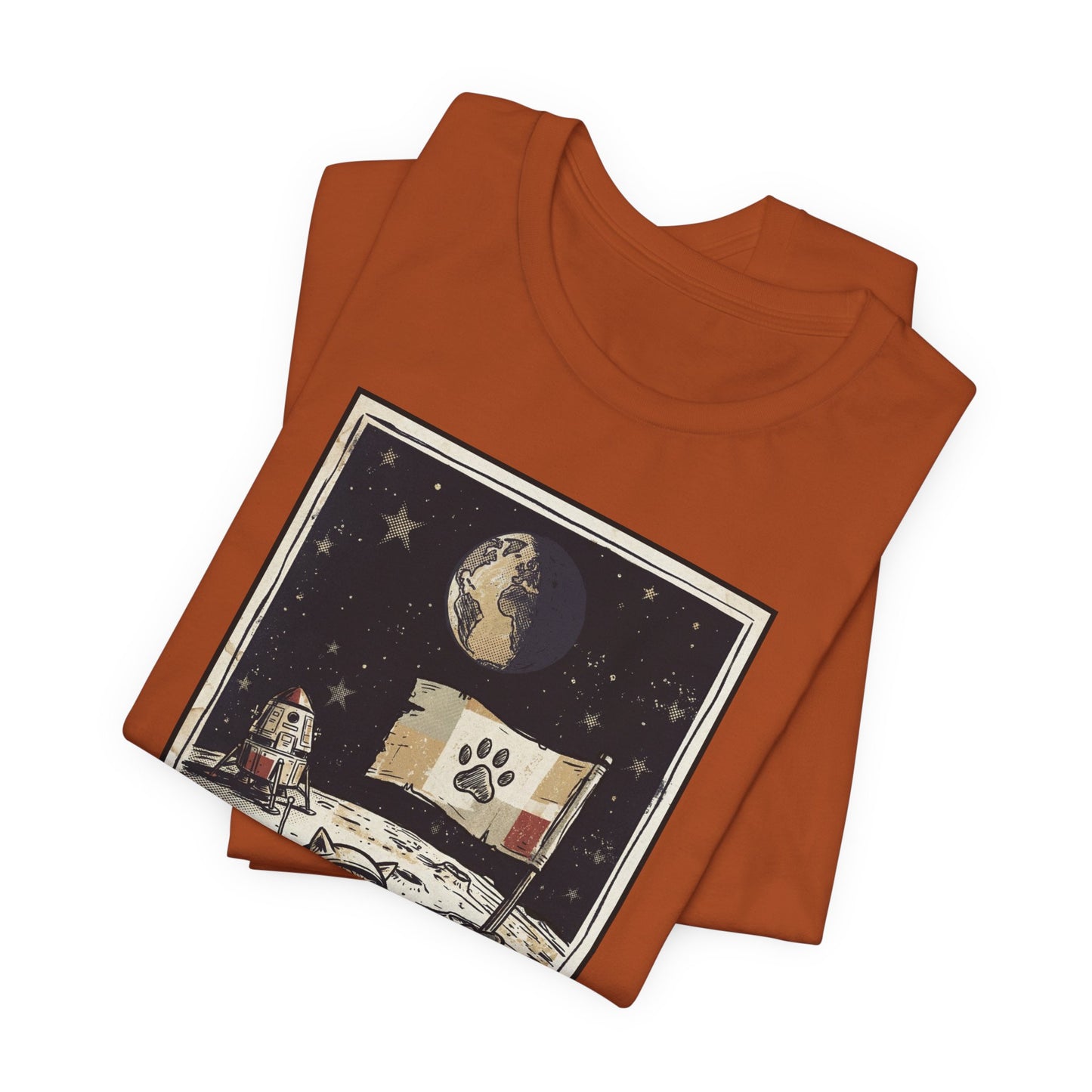 SpaceCat - Conquers The Moon! - Astronaut Cat Moon T-Shirt — Vintage Styled Space Kitty Flag Tee