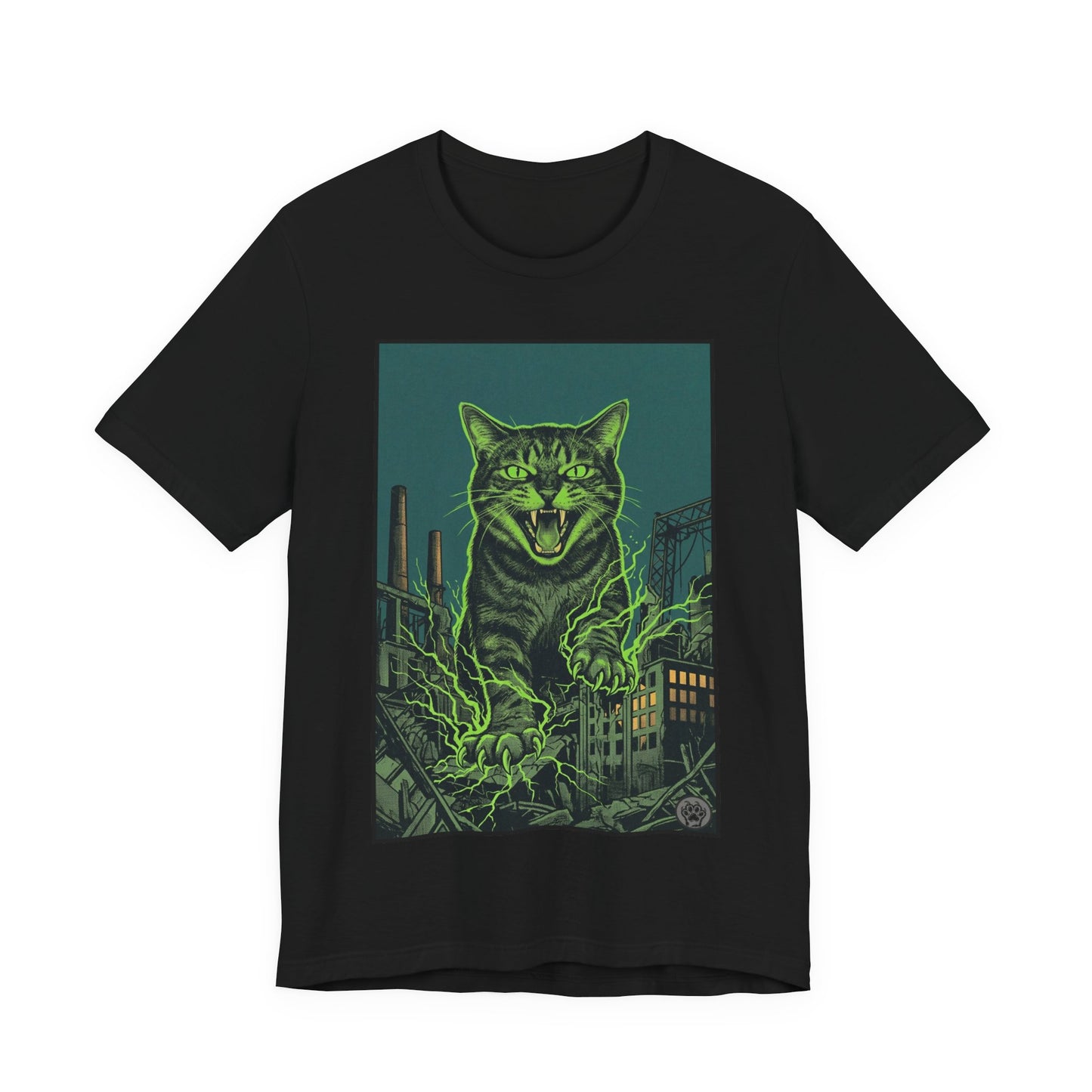 City Cat Attacks!  Green Electricity Giant Neon Cat Rampage T‑Shirt — Retro Monster City Graphic Tee