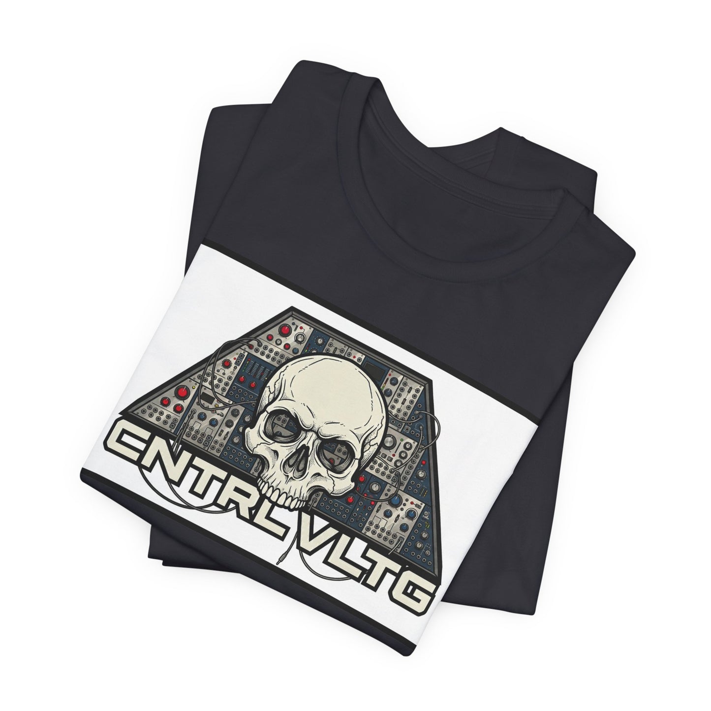 CV Control Voltage = TriBase White - Modular Synth Skull Analog Circuit Tee — “CNTRL VLTG” Retro Tech Graphic T-Shirt