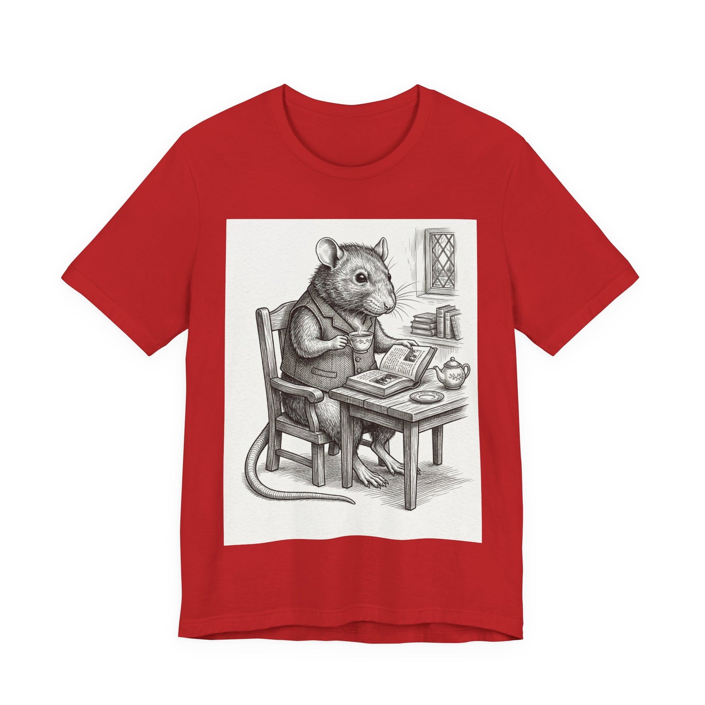 Ratney - "Cup of Tea & A Good Book" - Rodent Scholar T‑Shirt — Vintage Style Illustration of a Reading Rat with Tea