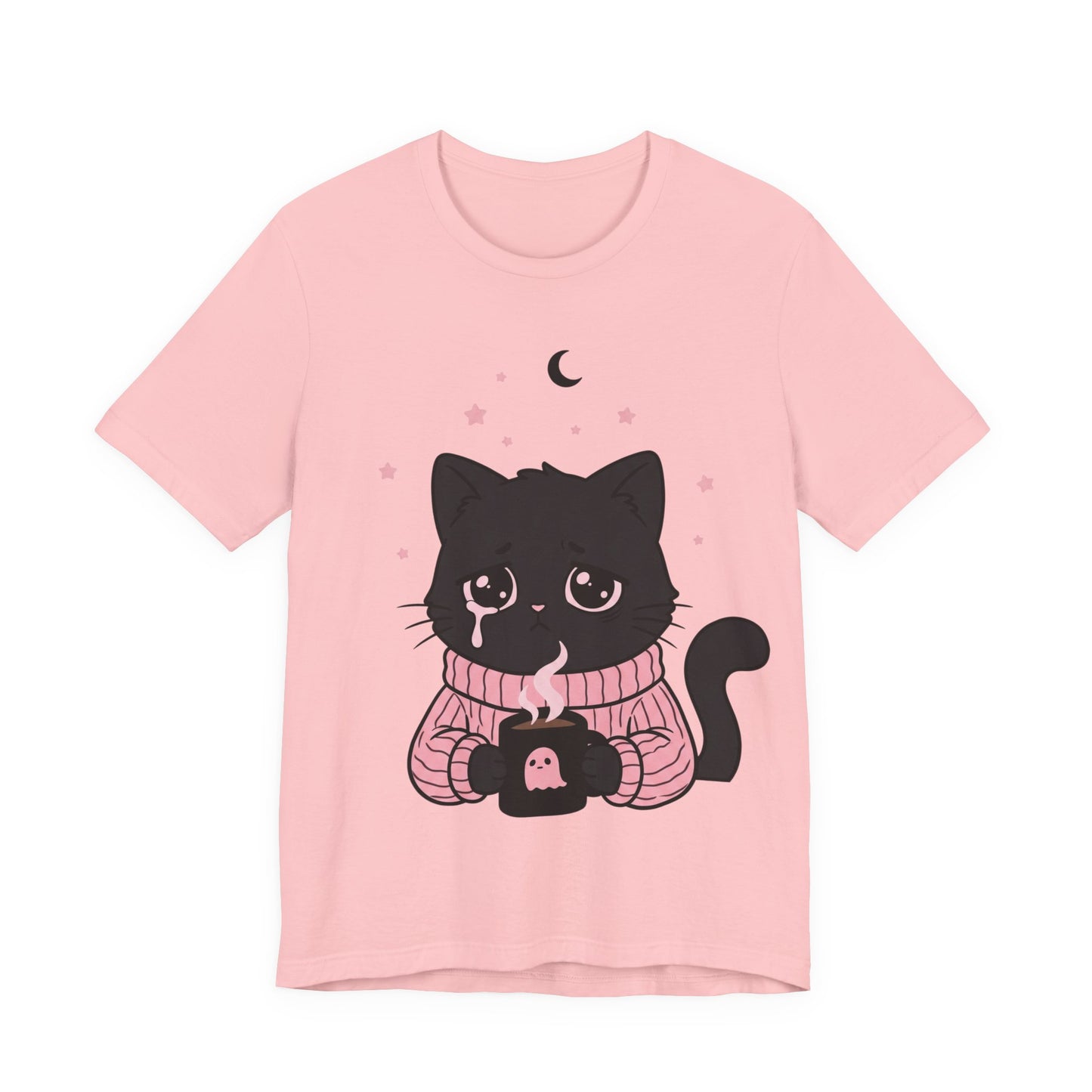 VOID - Cute Sad Black Cat Holding Hot Coffee T‑Shirt — Cozy Pink Sweater Kitty Tee