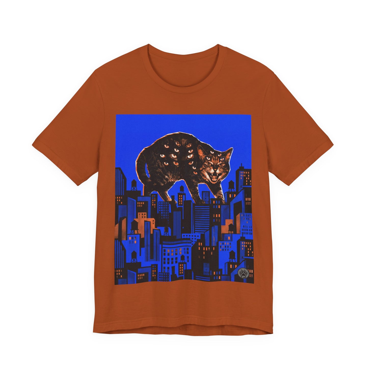 City Cat Attacks! - Collage Poster Blue Vertical - Black Cat Over Cityscape T-Shirt — Halloween Urban Night Graphic Tee