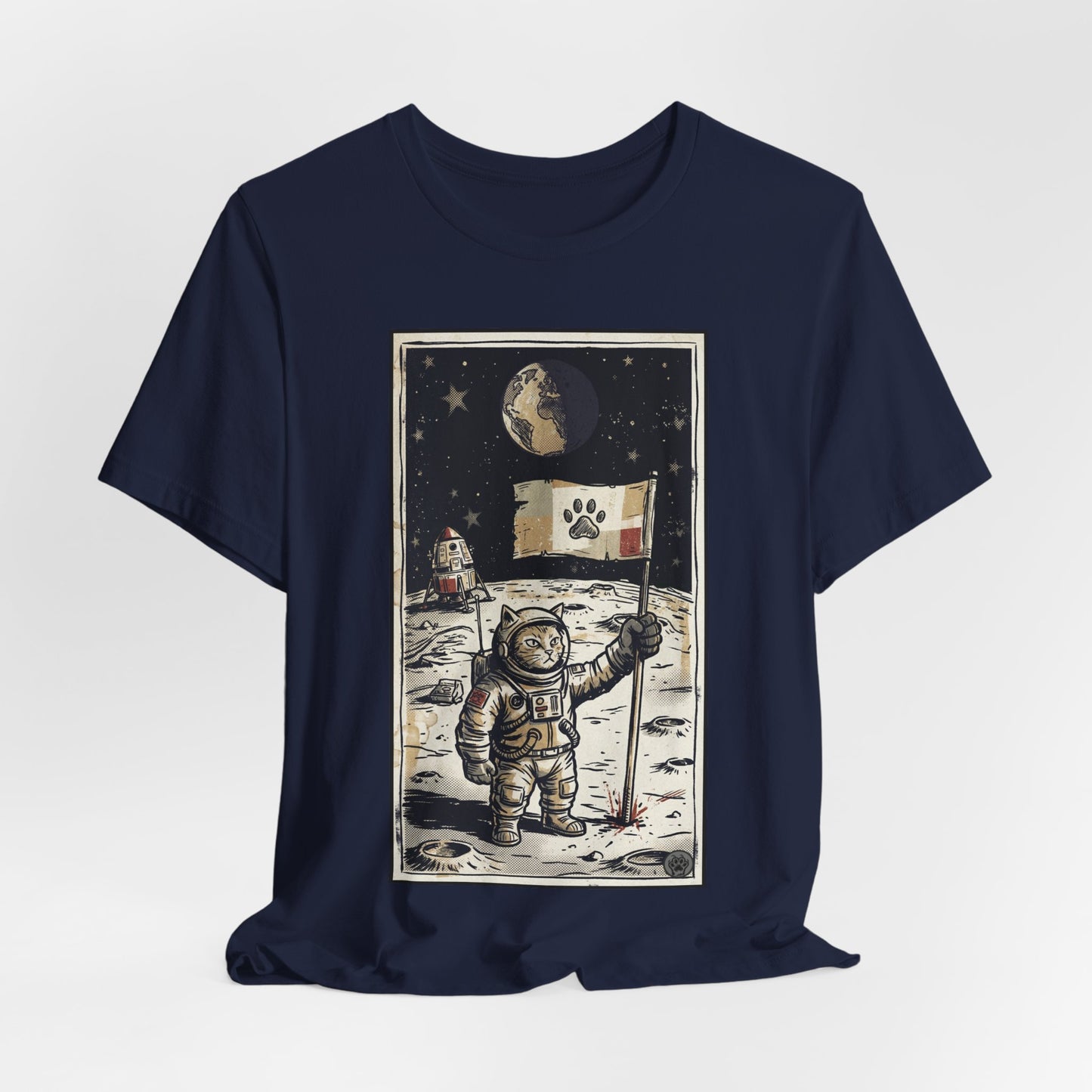 SpaceCat - Conquers The Moon! - Astronaut Cat Moon T-Shirt — Vintage Styled Space Kitty Flag Tee