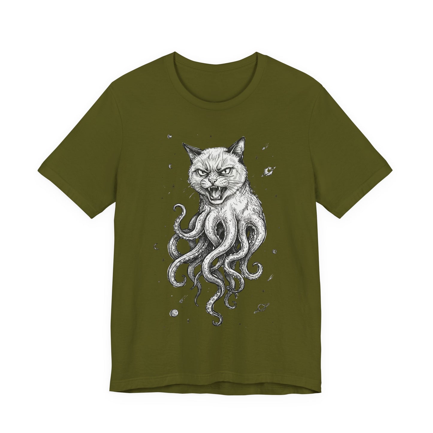 Alien Cat in Space - Cat-Octopus Graphic Tee — Cosmic Kitty Cthulhu Illustration T-Shirt