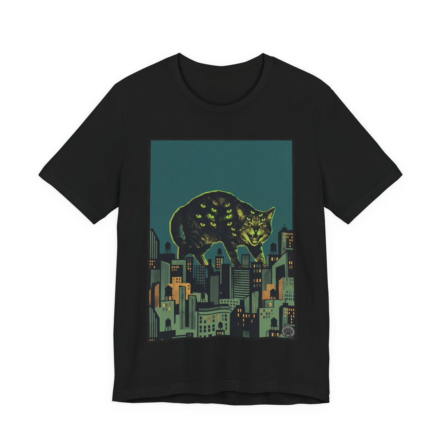 City Cat Attacks! - Green Collage Poster Original - Giant Night Cat Cityscape Tee