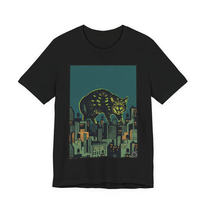 City Cat Attacks! - Green Collage Poster Original - Giant Night Cat Cityscape Tee