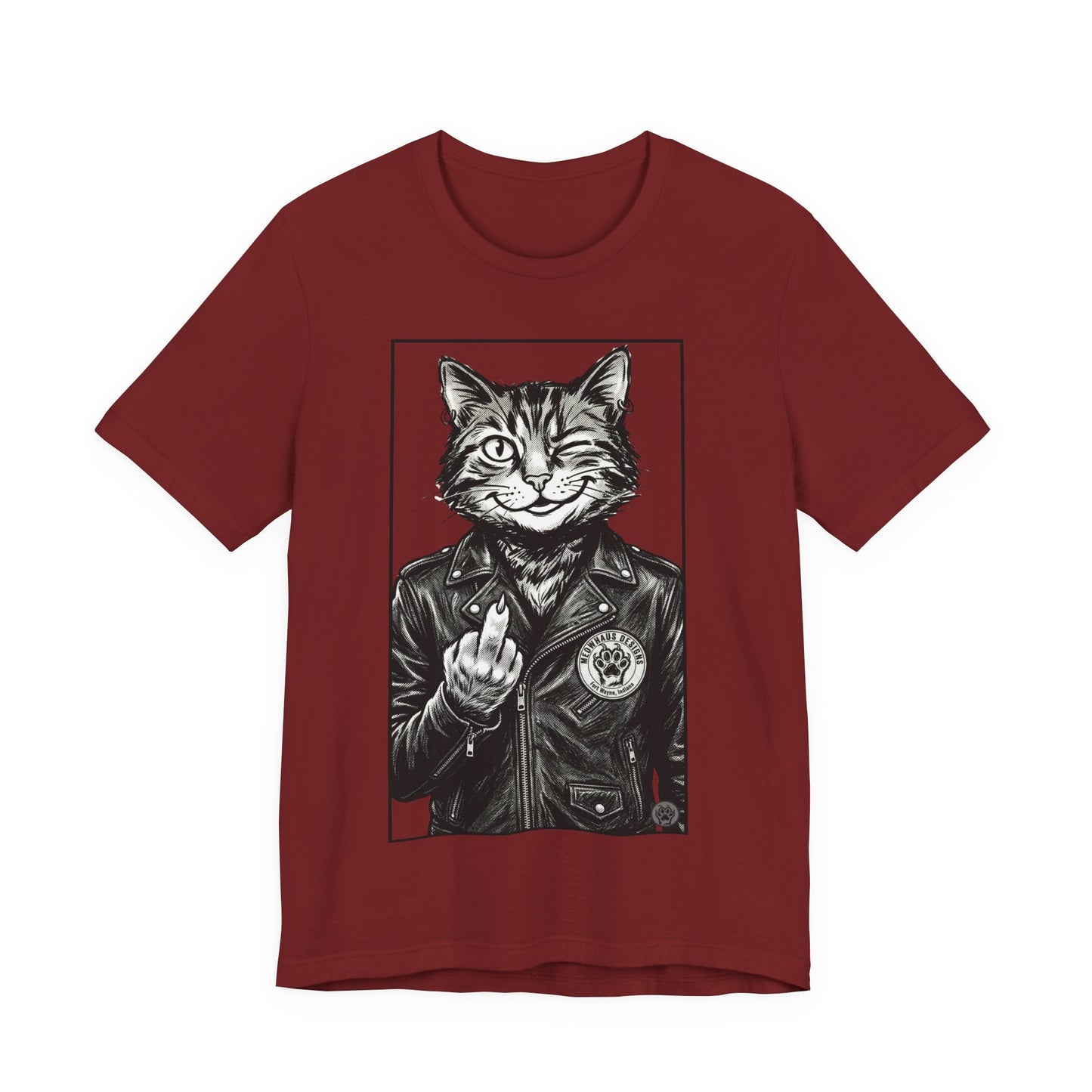 WinkyCat - Leather Jacket & Snarky Gesture - Cat Biker Tee — Grinning Cat in Leather Jacket Graphic T-Shirt