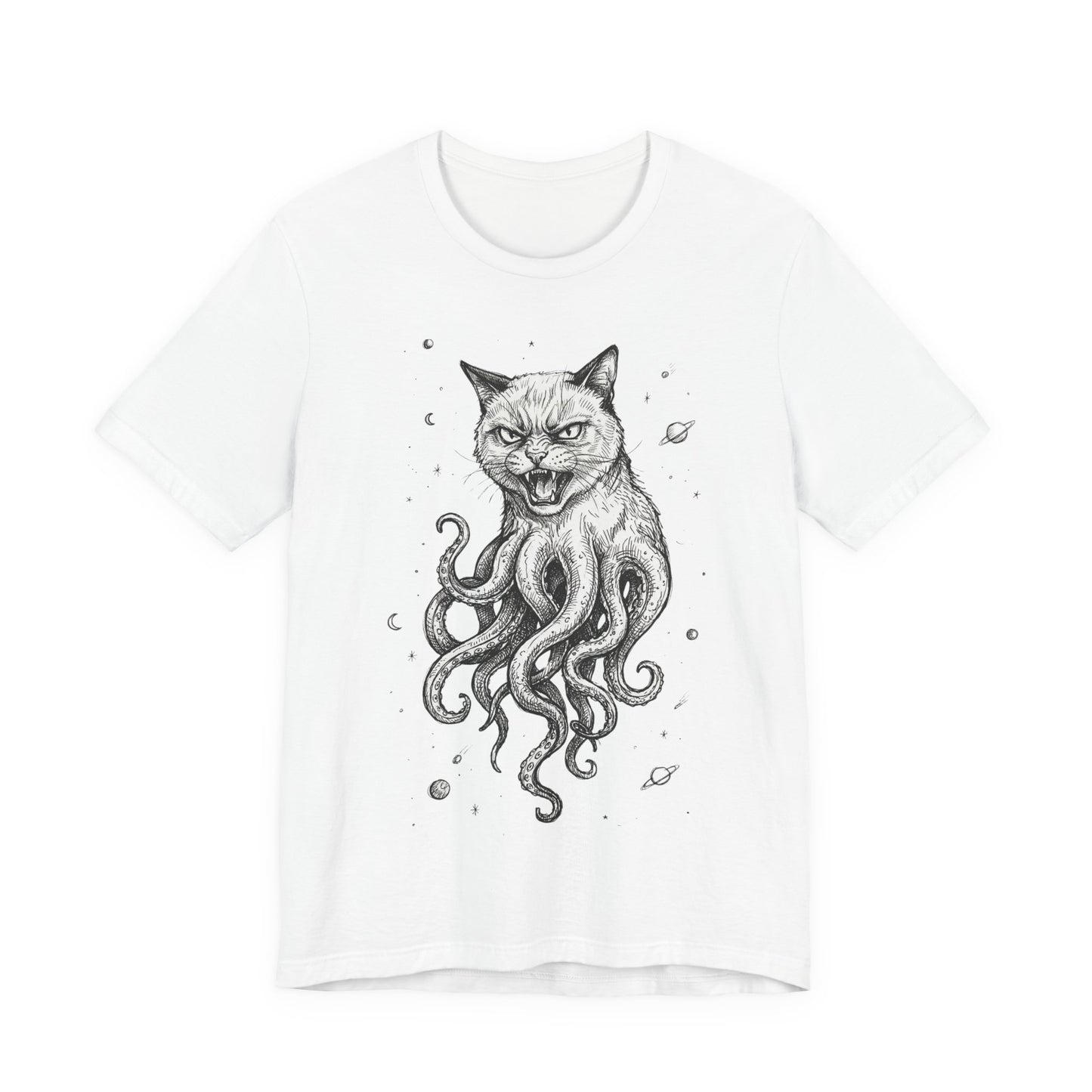 Alien Cat in Space - Cat-Octopus Graphic Tee — Cosmic Kitty Cthulhu Illustration T-Shirt