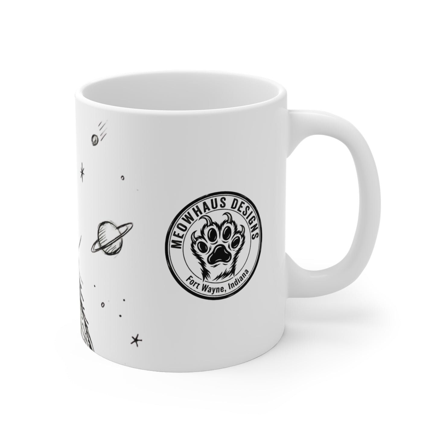 AlienCat In Space! - Big - 11oz Mug Left Handle — Black & White Illustration for Cat Lovers Space Alien Enthusiasts