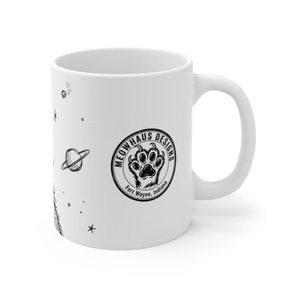 AlienCat In Space! - Big - 11oz Mug Left Handle — Black & White Illustration for Cat Lovers Space Alien Enthusiasts