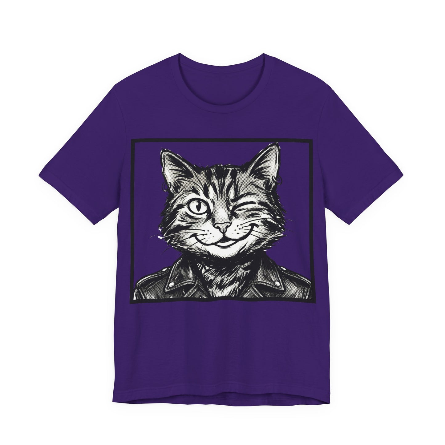 WinkyCat - Leather Jacket (NO Gesture) - Winking Cat Portrait Tee – Retro Rocker Biker Cat Graphic T-Shirt