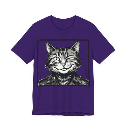 WinkyCat - Leather Jacket (NO Gesture) - Winking Cat Portrait Tee – Retro Rocker Biker Cat Graphic T-Shirt