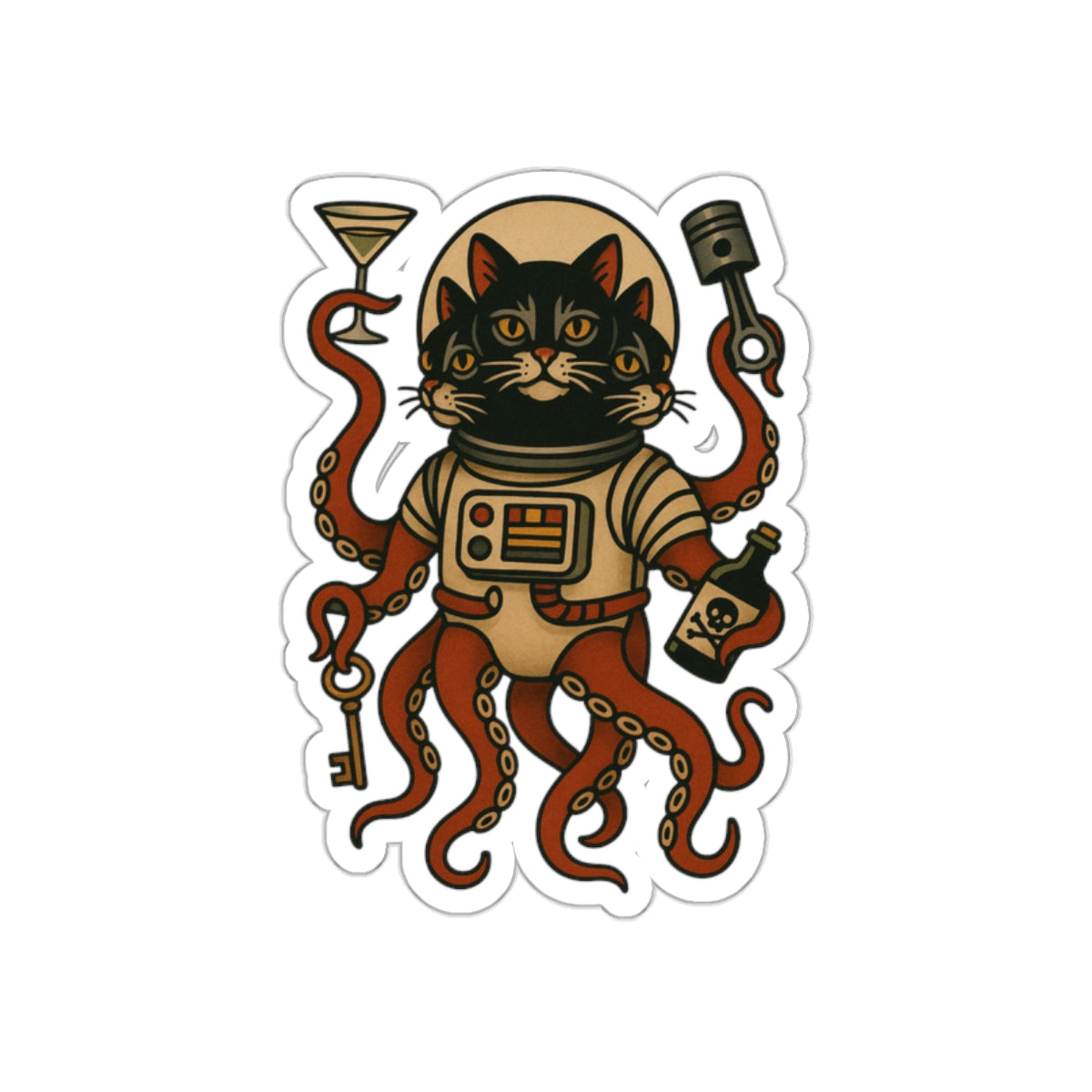 AlienCat Astronaut Vintage Tattoo Design Cat Die-Cut Sticker – Retro Space Kitty with Tentacles