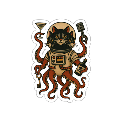 AlienCat Astronaut Vintage Tattoo Design Cat Die-Cut Sticker – Retro Space Kitty with Tentacles