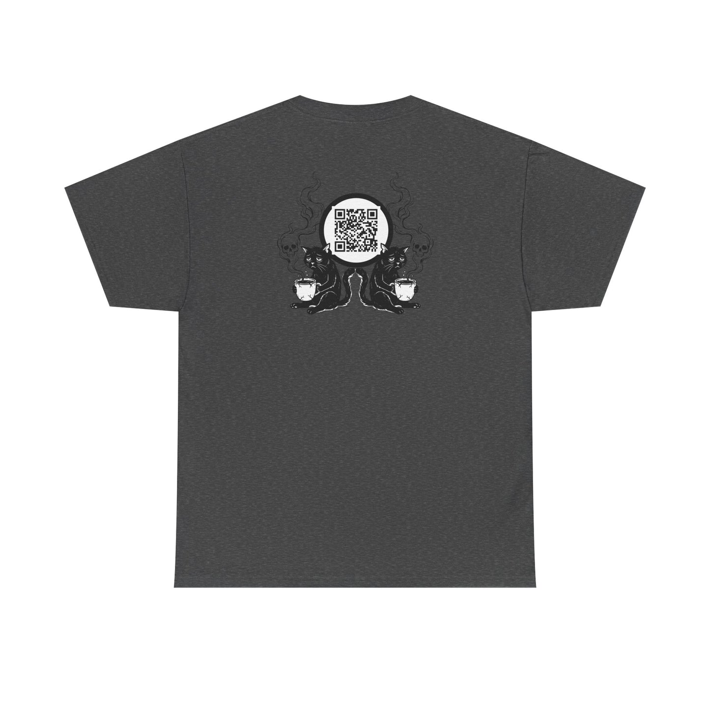PBFMF w/BackQR - Buddha Cafe T-Shirt — Humorous Buddha Dining Scene Tee with Back QR Design