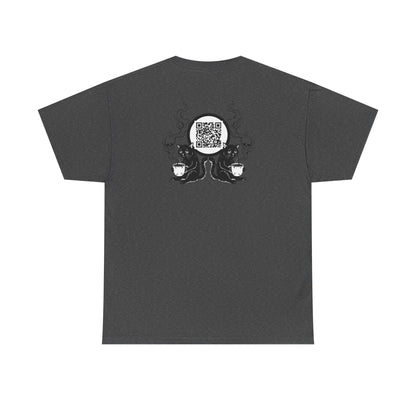 PBFMF w/BackQR - Buddha Cafe T-Shirt — Humorous Buddha Dining Scene Tee with Back QR Design