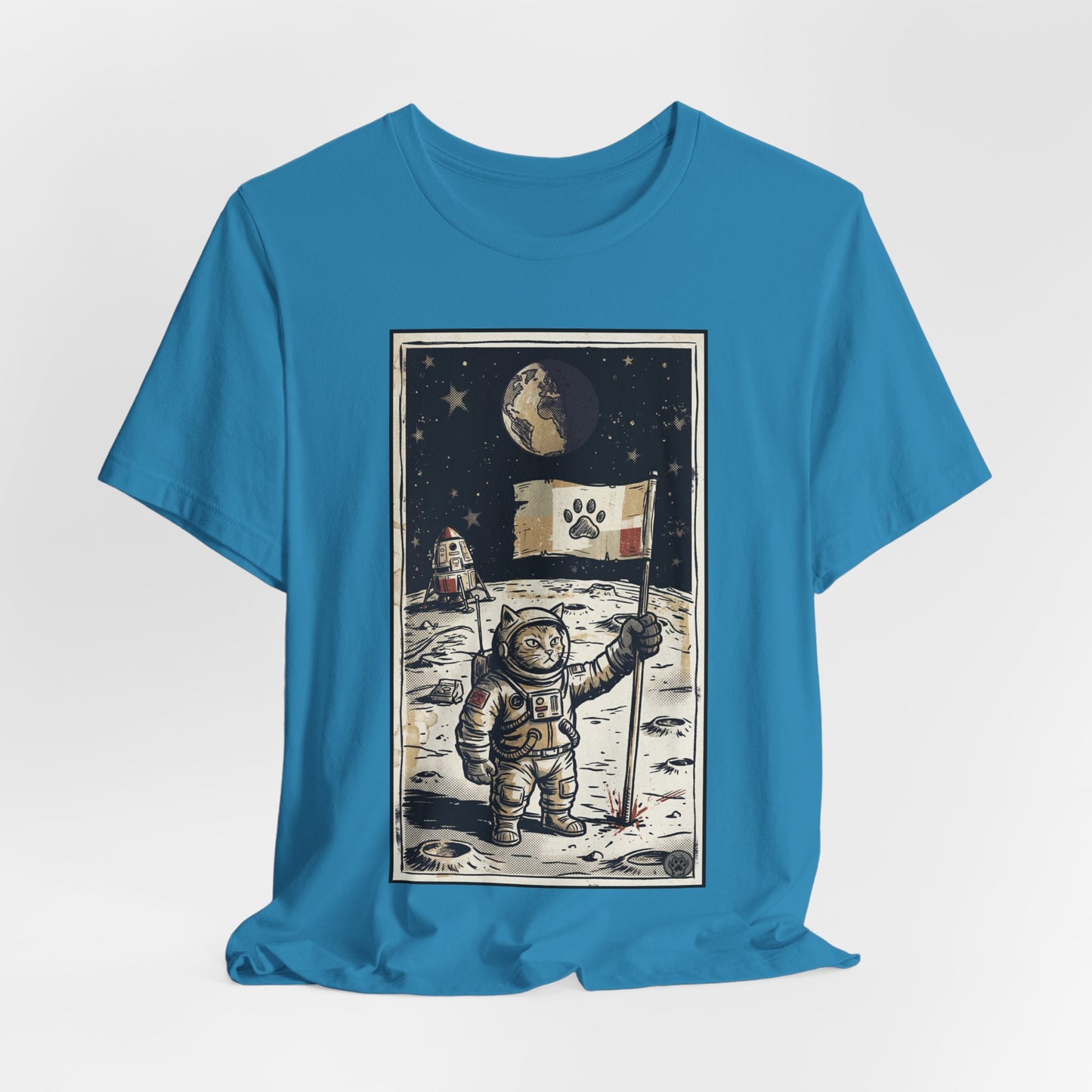 SpaceCat - Conquers The Moon! - Astronaut Cat Moon T-Shirt — Vintage Styled Space Kitty Flag Tee
