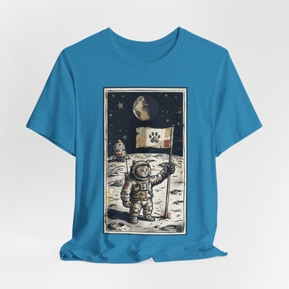 SpaceCat - Conquers The Moon! - Astronaut Cat Moon T-Shirt — Vintage Styled Space Kitty Flag Tee