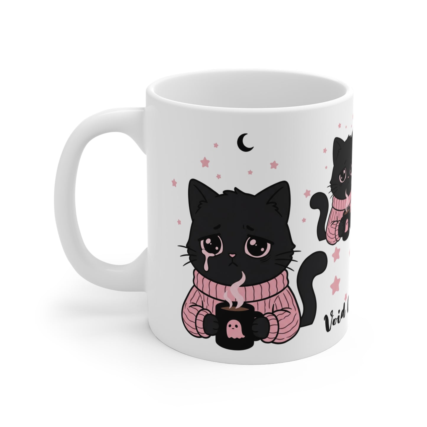 VOID - Void Cat Coffee Co. 11oz Mug — Cute Sad Black Cat in Pink Sweater, Coffee Lover Gift