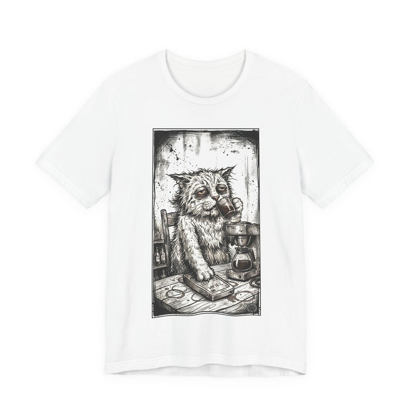 Scraps "GFM" - Cat Drinking Coffee T-Shirt — Tired Depressed Cat Graphic Tee