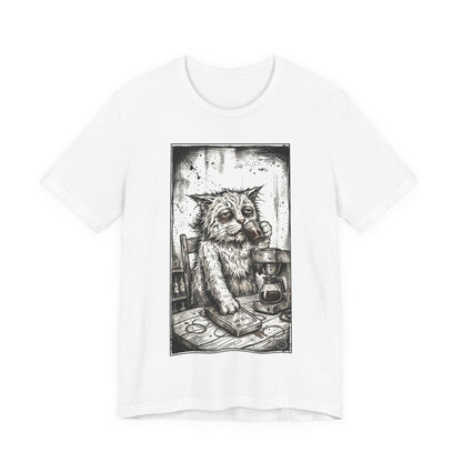 Scraps "GFM" - Cat Drinking Coffee T-Shirt — Tired Depressed Cat Graphic Tee