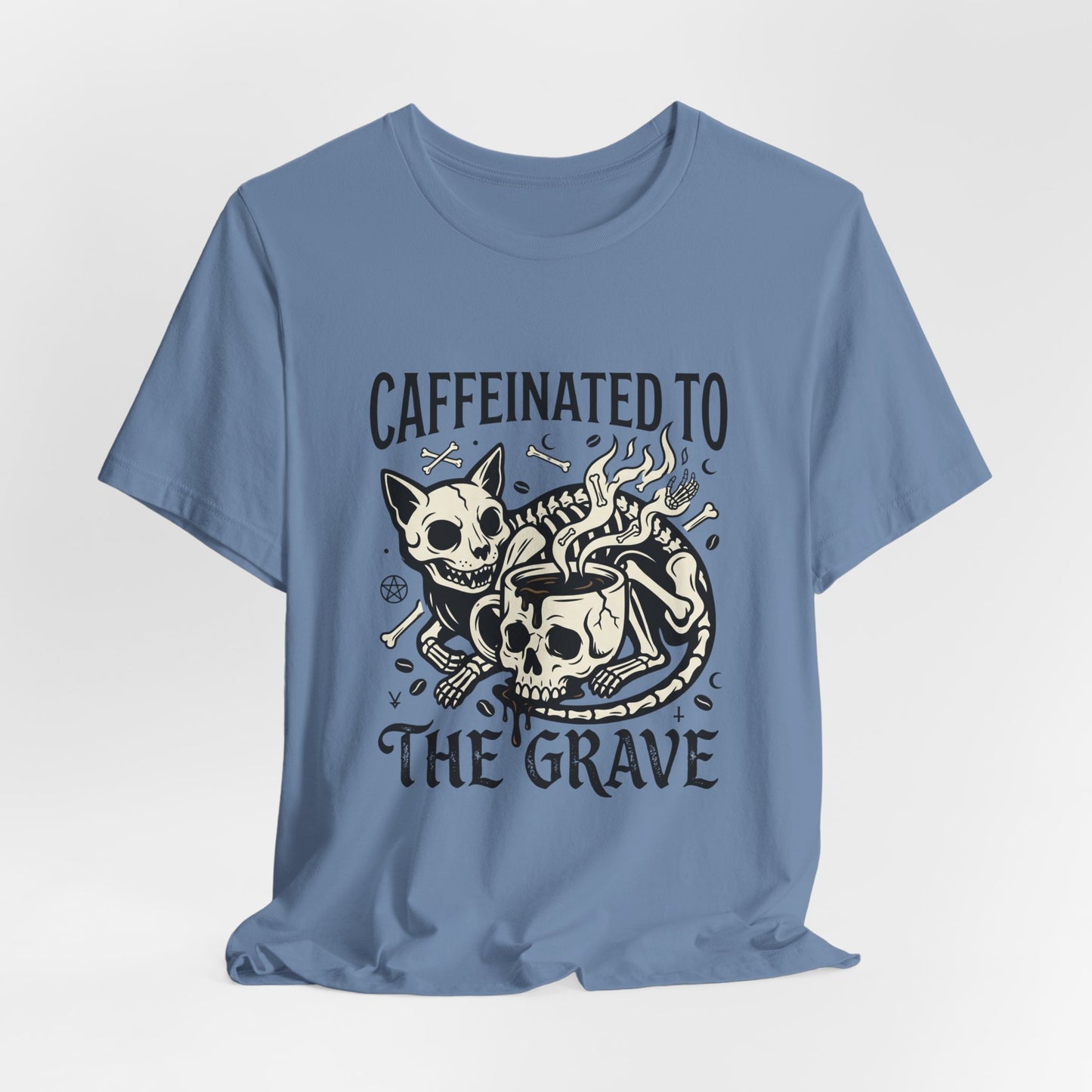 VOID - Caffeinated to the Grave Tee — Gothic Skull & Cat Coffee Shirt