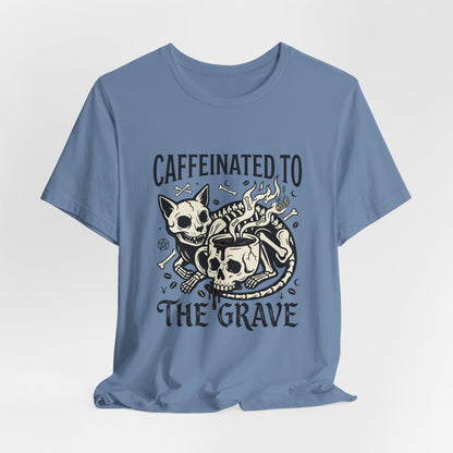 VOID - Caffeinated to the Grave Tee — Gothic Skull & Cat Coffee Shirt