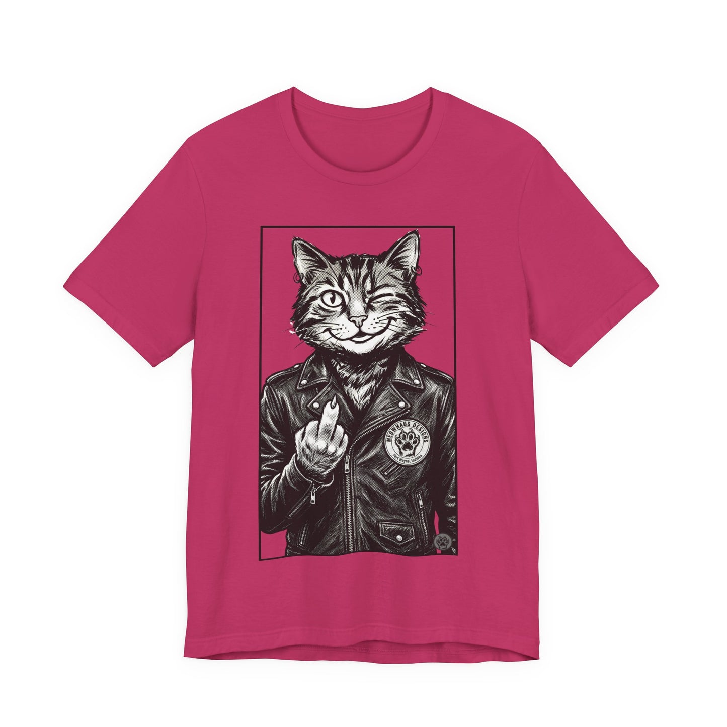 WinkyCat - Leather Jacket & Snarky Gesture - Cat Biker Tee — Grinning Cat in Leather Jacket Graphic T-Shirt