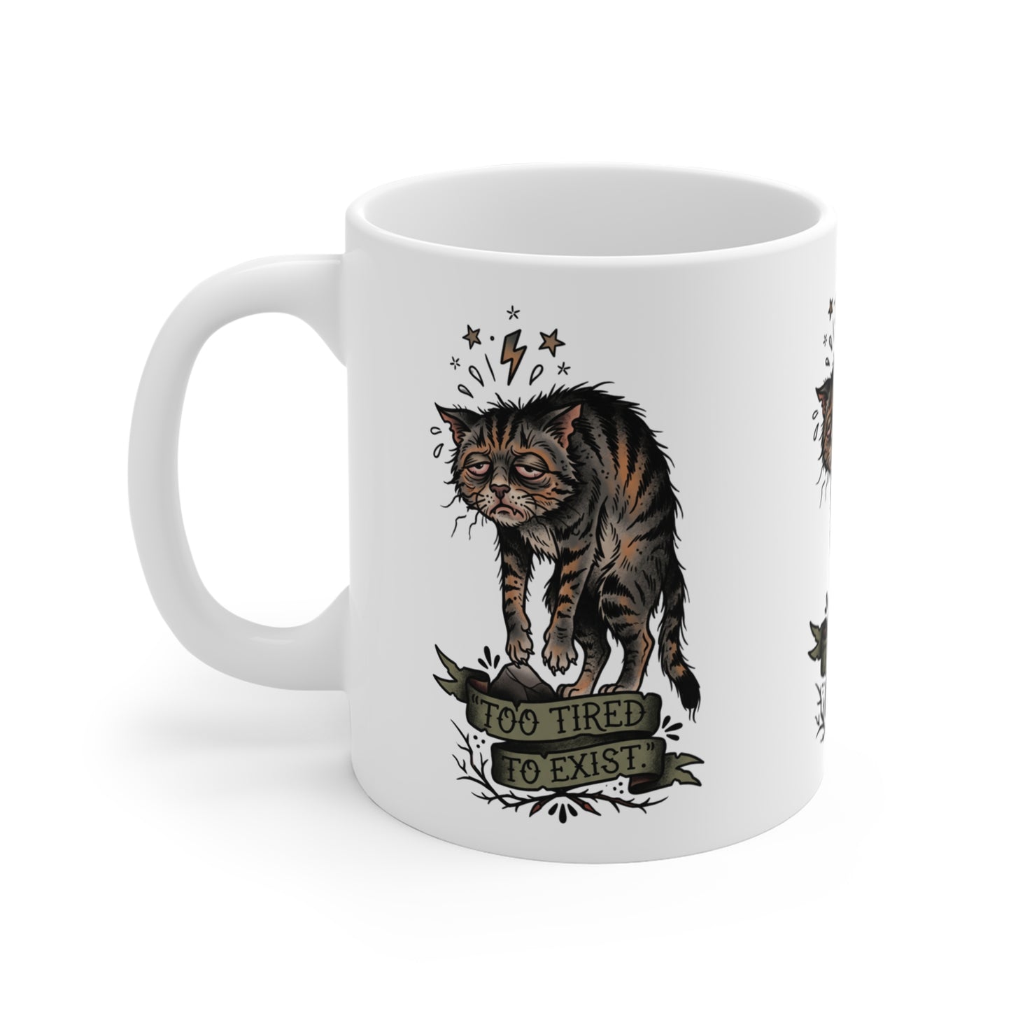 VOID - 11oz Mug — Vintage Tired Cat Illustration “Too Tired to Exist”