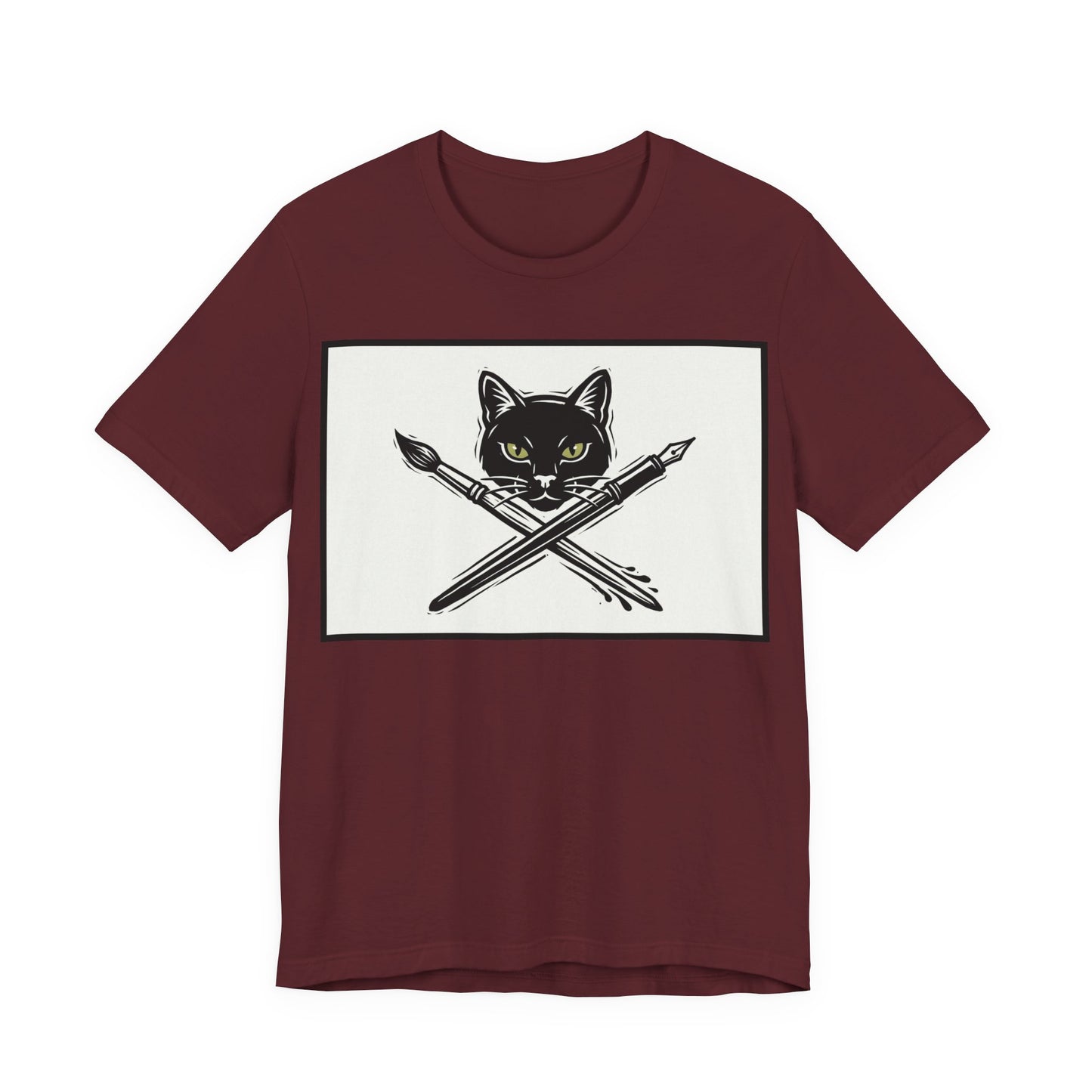 Creative Cat T‑Shirt – Black Cat with Crossed Paintbrush & Pen Graphic