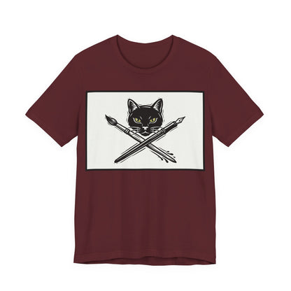 Creative Cat T‑Shirt – Black Cat with Crossed Paintbrush & Pen Graphic