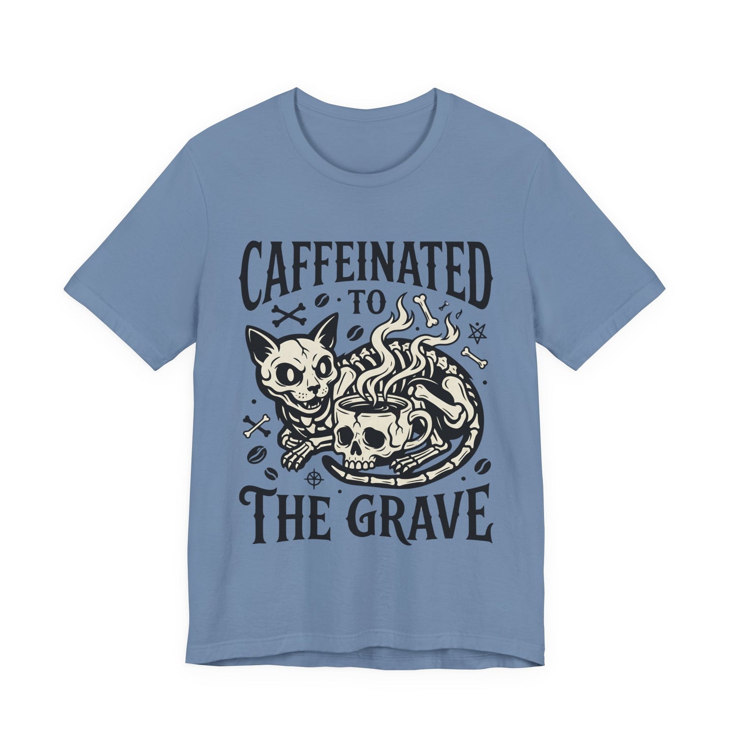 VOID - Caffeinated to the Grave Tee — Gothic Skull & Cat Coffee Shirt